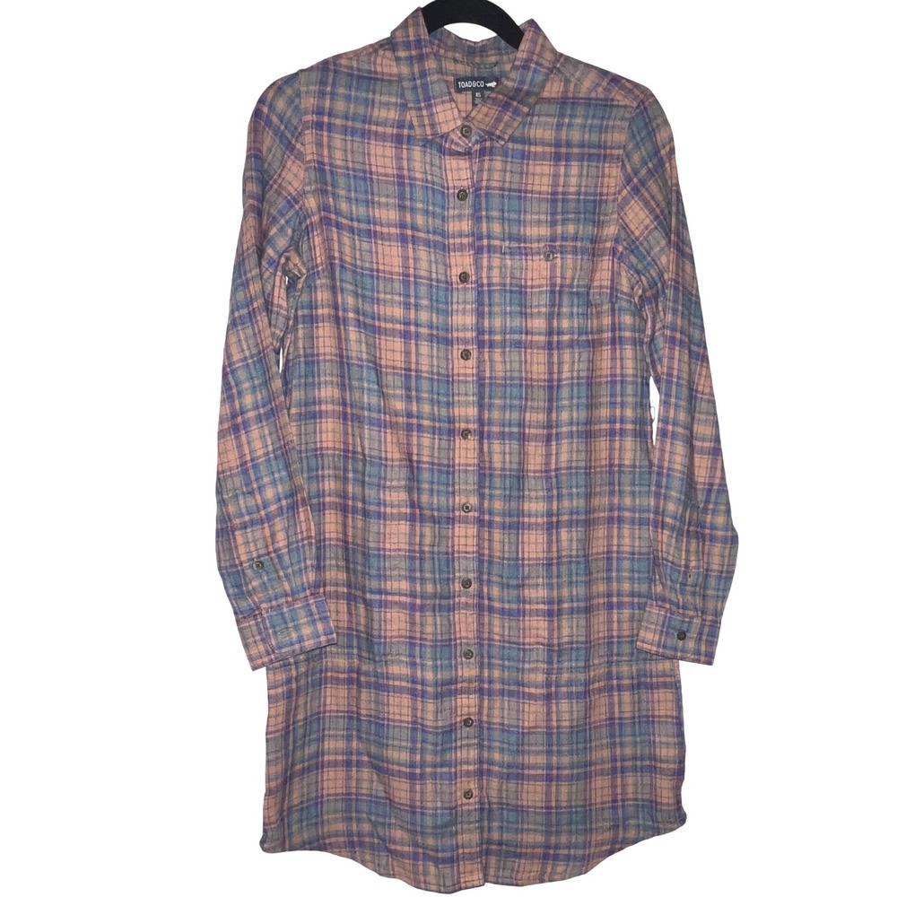 Toad & Co Re-Form Flannel Shirtdress XS Fawn Plaid Button Down Sustainable GUC